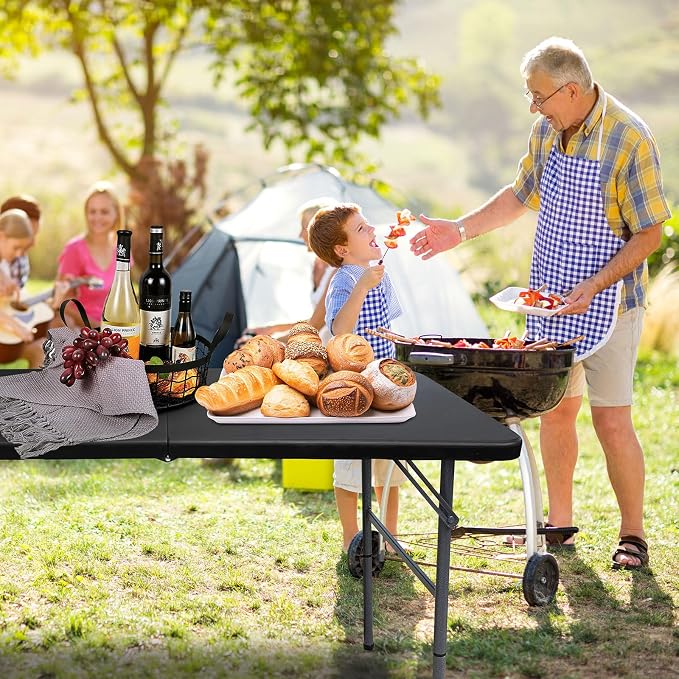 Folding Table 4 Foot Portable Folding Tables Heavy Duty Fold-in-Half Utility Table Small Indoor Outdoor Folding Square Card Table w/Handle for Picnic, Party, Camping (Black)