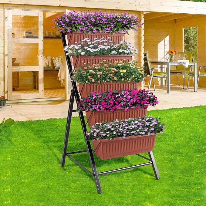 TEANDE 2 Pack Vertical Raised Garden Bed, 5-Tier Elevated Planter Box w/Drainage System & 4 Hooks for Herbs Vegetables Flowers, Vertical Garden Planter for Patio Yard Indoor Outdoor, Dark Red