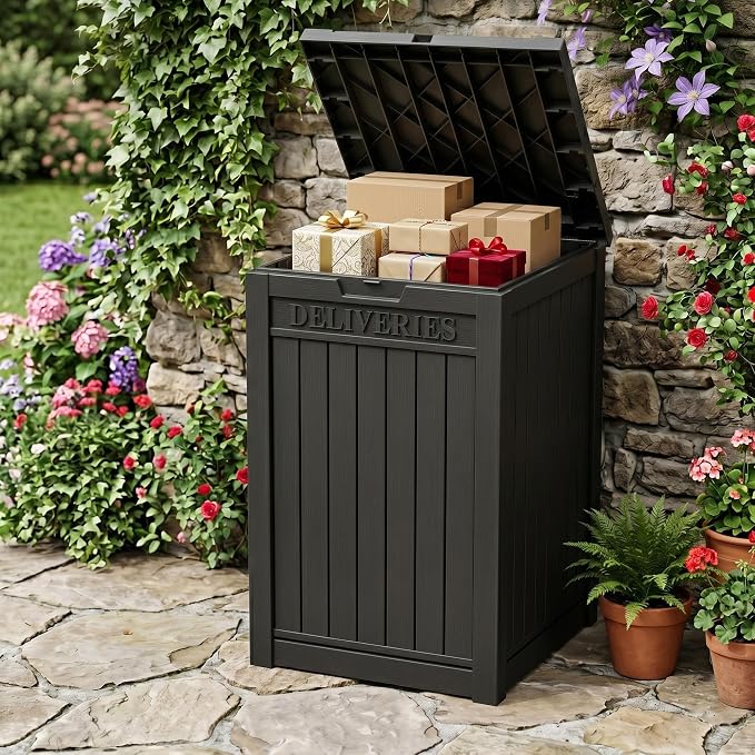 Outdoor Storage Box, 65 Gallon Package Delivery Boxes for Outside, with Lockable Secure, Deck Box Outdoor Waterproof for Entryway, Front Porch, Backyard, Garden, Patio, Lawn, Black