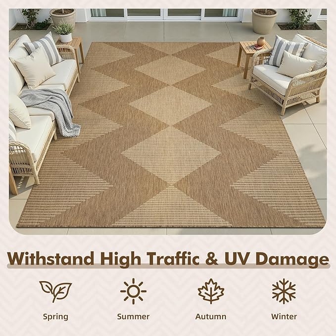 MontVoo-2x3 Outdoor Rug Porch Entryway Rug-Polypropylene Door Mat Indoor Outdoor Entrance Entry Rugs Kitchen Rugs, Textured Weave, Durable, Fade-Resistant, Non-Shedding, Boho Geometric Neutral Brown