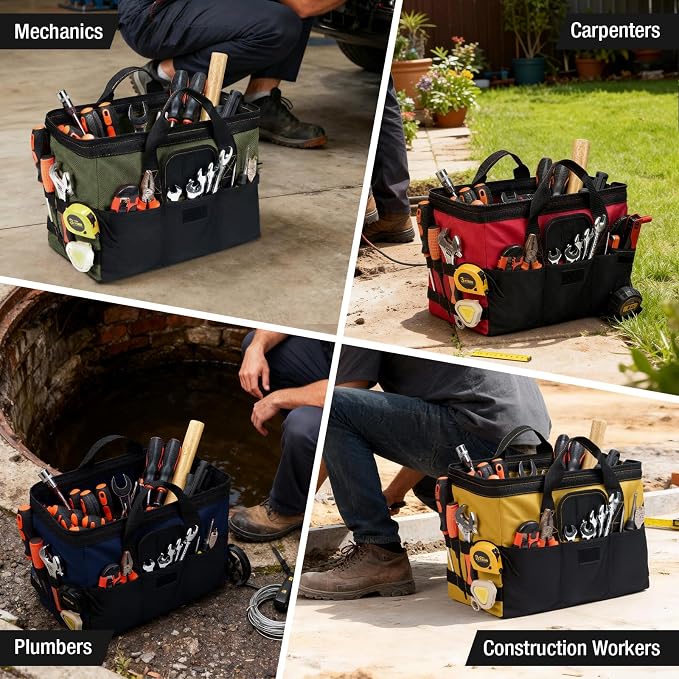 HISEA 3 Pack Heavy Duty Tool Bag with Storage Pockets, 16-Inch Tools Organizer Tote with Wide Base, Waterproof Durable Tool Bags with Zipper for Electrician, Tradesman (Blue)