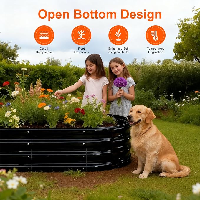 Rakukiri Raised Garden Bed Outdoor, GRS Certified Recycled Metal Planter Box 2 Sets, 4FT Galvanized Oval Herb Garden Kit, Bottomless Large Garden Beds for Vegetables Flowers, Rust-Resistant Black