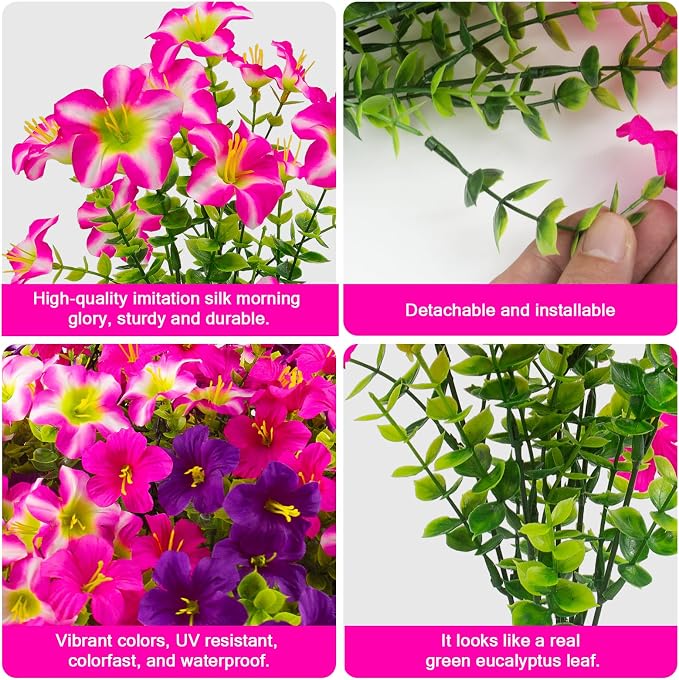 2 Set Artificial Outdoor Petunias Flowers with Hanging Baskets, 24 Pcs UV Resistant Faux Petunias Flowers with Hanging Planter for Front Door Porch Spring Outside Decor (2, RoseRed,RedViolet)