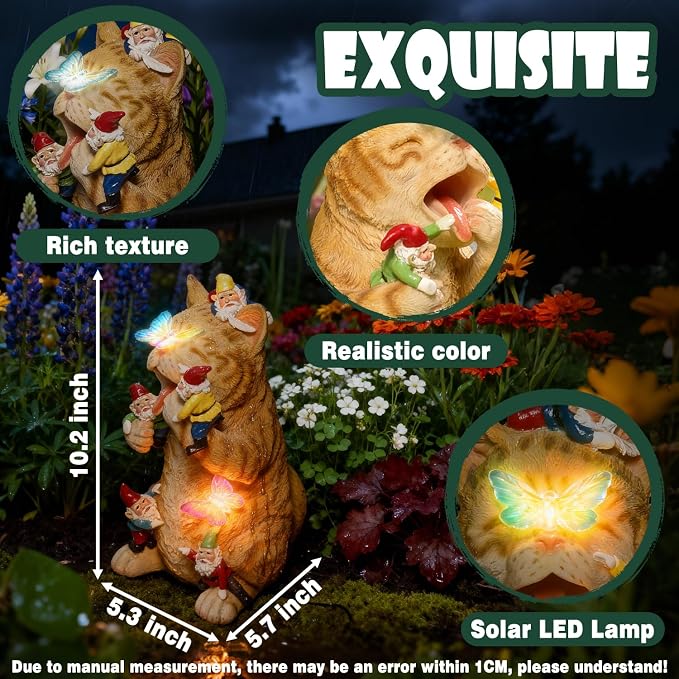 Funny Garden Gnomes Decorations for Yard Statue with Solar Lights Outdoor Cat Sculpture Decor