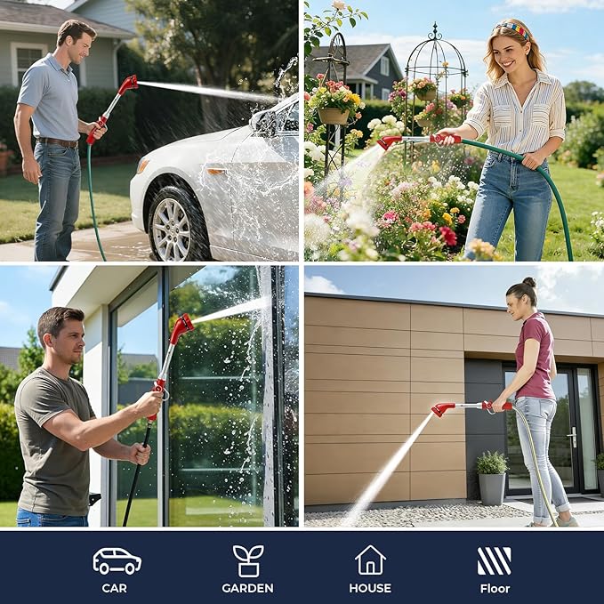 HugeDawn Garden Hose Wand, 16-Inch Heavy Duty Zinc Alloy & Aluminum Watering Wand with 8 Spray Patterns Thumb Control for Hanging Baskets, Garden, Cleaning (Red)