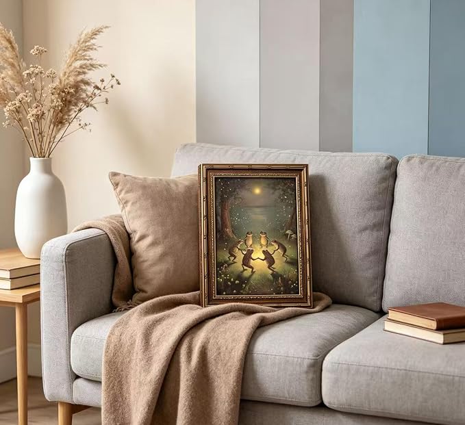 Vintage Gold Framed Frog Wall Art,Frogs Dancing in Moonlight Forest Painting Canvas Prints,Whimsical Animal Wall Decor,Retro Country Toad Poster Artwork for Corridor Living room Bedroom Kitchen