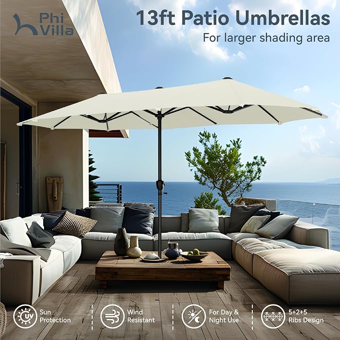PHI VILLA 13ft Large Patio Umbrellas, Double-Sided Outdoor Market Rectangle Umbrella for Outside, Ivory