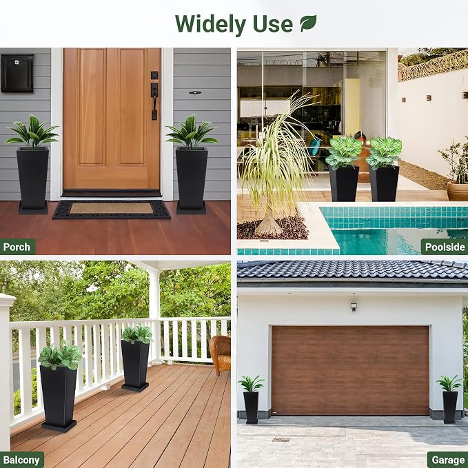 18" Metal Tall Outdoor Planters Set of 2, Durable & Wealtherproof | Tall Planters with Drainage Insert Shelve & Trays, Black Outdoor Planters for Porch, Garden, Yard