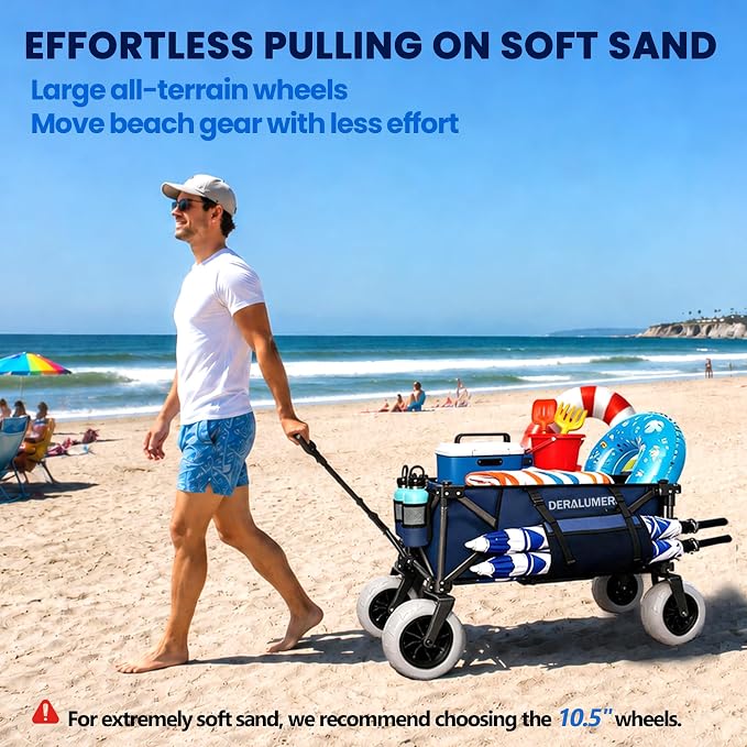 X800 Heavy Duty Beach Wagon with 9x4 Sand-Proof All-Terrain Wheels, 300L Oversized Foldable Wagon Cart with Side Bag, All-Terrain Utility Wagon for Beach Essentials, Sport, Camping (Navy Blue)