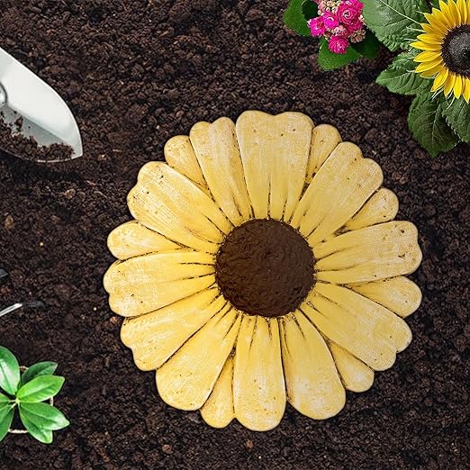 2 Pack Daisy Cement Stepping Stones 10 Inch, Heavy Duty Garden Pathway Stones, Non Slip Outdoor Walkway Decor for Yard Patio Lawn, Weather Resistant Cement Stepping Stones (Yellow)