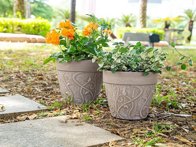 Melphoe Plant Pots Indoor with Drainage & Saucer, 2Pack 7/8 inch Flower Pots Outdoor Planters for Indoor Plants Garden Home Decor Cactus Succulent, Rigid Plastic (Imitation-Terracotta) Vine-Embossed