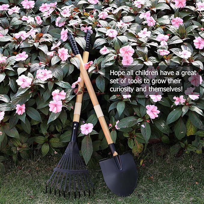 Kids Garden Tool Set, 4-Piece Rake and Shovel with Wooden Handles, 28 Inch Long, Black Metal Gardening Tools for Boys and Girls