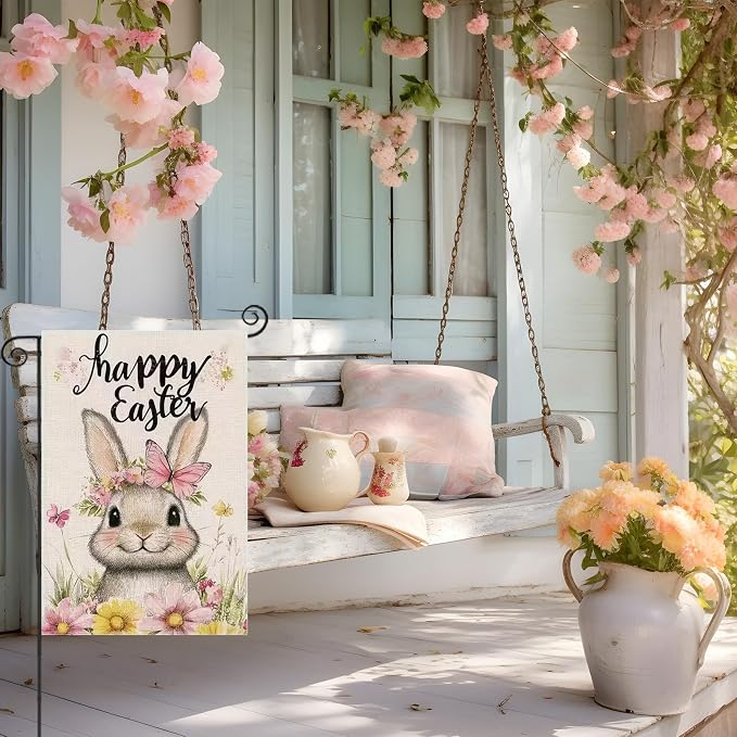 Easter Garden Flag 12x18 Double Sided, Small Burlap Holiday Farmhouse Bunny Garden Flags Easter Outdoor Decorations Yard Flag for Outside Lawn Porch Garden Decor