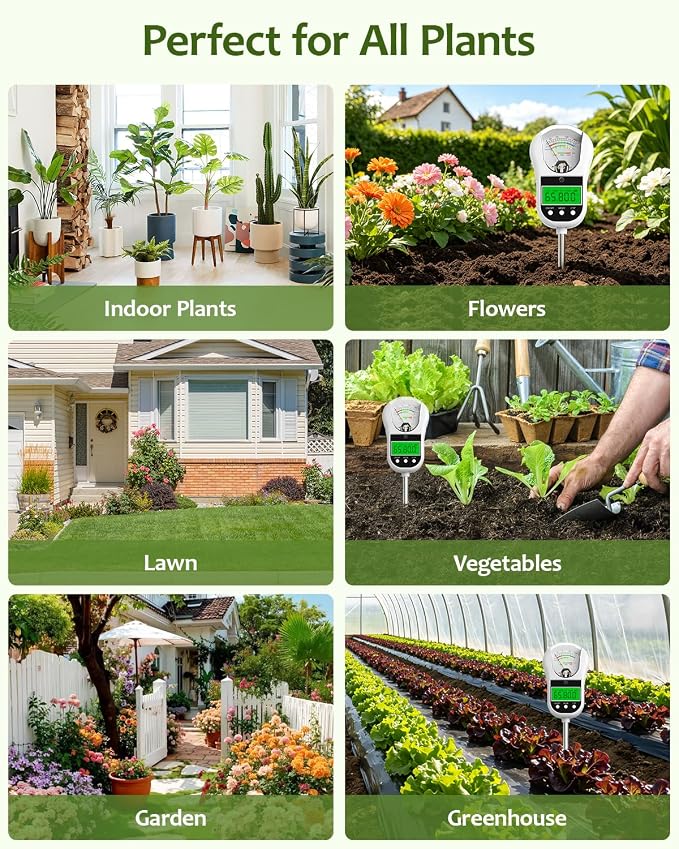 7-in-1 Soil Moisture Meter/pH Meter/Light Intensity/Fertility/Air & Soil Hygrometer Temperature with Large Dual Display for Garden,Lawn, Farm, Indoor Outdoor Plants-Snow White