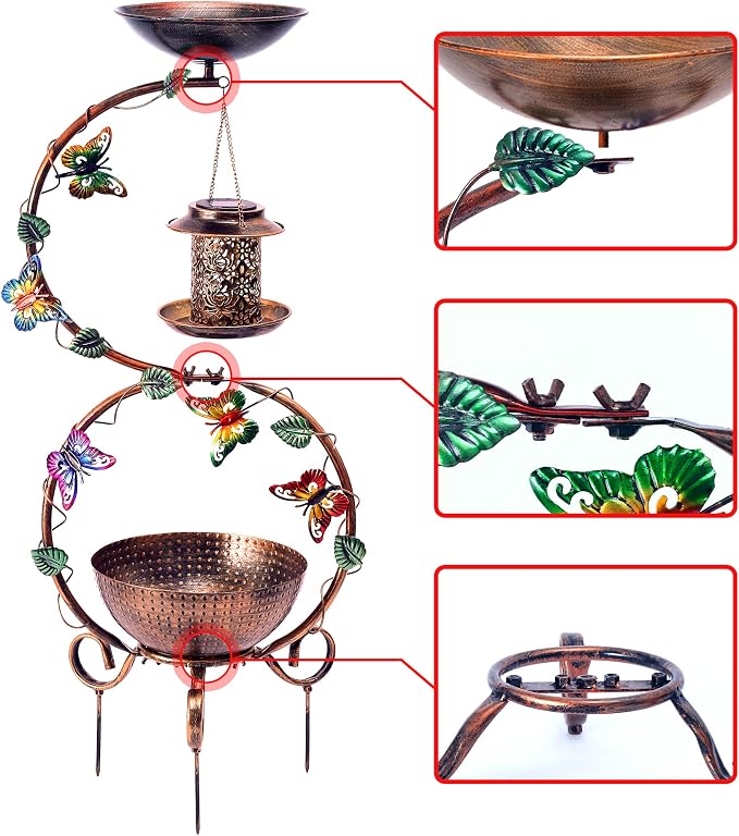 YADOOLIFE 37.8" Bird Bath and Solar Bird Feeders Combo with Flower Planter Pedestal, Metal Bird Baths for Outdoors, Decorative Birdbath with Butterfly for Outside Garden Yard, Weather Resistant