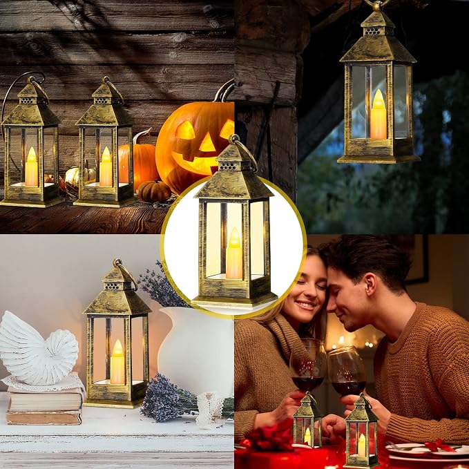Hoolerry 24 Set 5.5'' Mini Lanterns with LED Candle for Wedding Centerpiece Vintage Decorative Hanging Small Lantern Battery Powered for Halloween Wedding Table Centerpiece(Bronze)