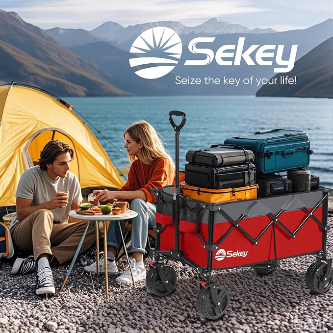 Sekey 220L Wagons Carts Foldable with Big All-Terrian Beach Wheels, Collapsible Heavy DutyWagon with Cup Holders, Extra Large Folding Wagon,Foldable Wagon for Camping, Garden, Sports.Red&Gray