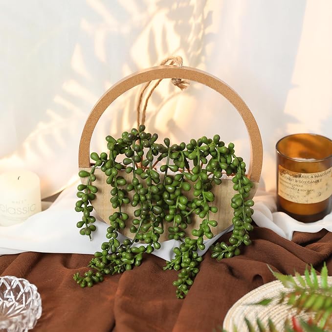 Floweroyal 2pcs Artificial Succulents Hanging Plants 20.1'' Fake String of Pearls in Pot with 9.4'' Lanyard for Indoor Outdoor Wall Decor(Wood Color)