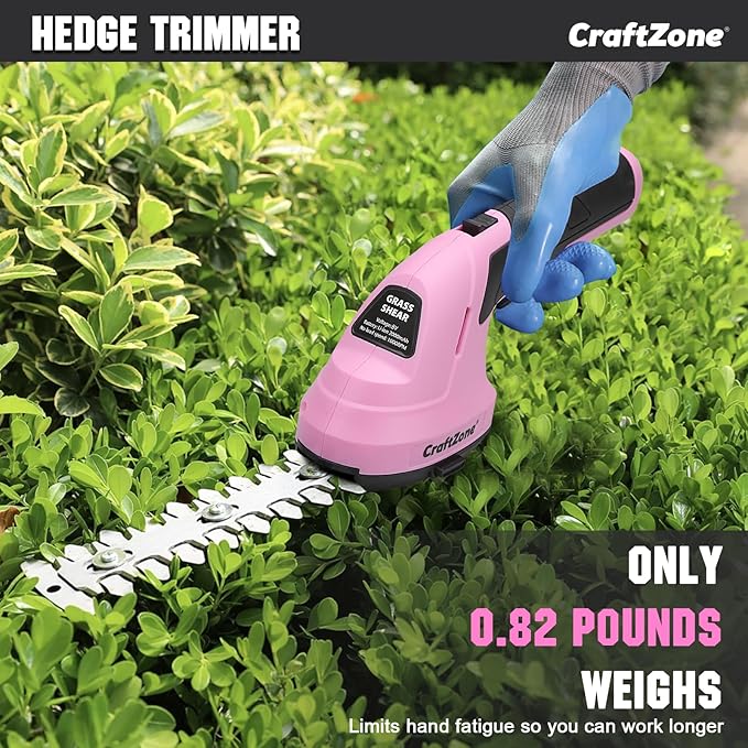 2-in-1 Cordless Grass Shear and Hedge Trimmer - Pink, 8V Handheld Electric Shrub Trimmer/Grass Cutter with Rechargeable Lithium-Ion Battery and Type-C Charging Cable
