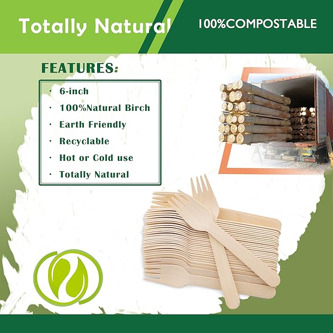 Disposable Wooden Forks -Pack of 100, 6.5" Length-Biodegradable, Natural Wooden Utensils, Great for Parties,Camping,Weddings&Dinner Events (Spoons)