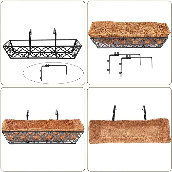 24 Inch Railing Planter Box with Coco Liner, Adjustable Metal Hanging Planter, Window Box for Balcony Deck Fence, Outdoor Flower Box Black, 4 Pack