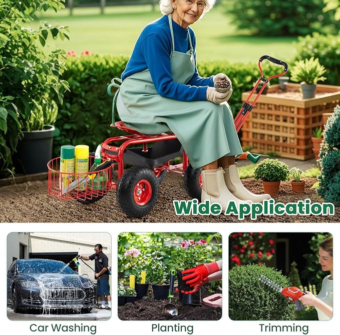 Giantex Rolling Garden Workseat with Wheels, 360 Degree Swivel Gardening Stool Cart with Storage Basket, Adjustable Height, Steering Handle, Steel Frame, Outdoor Work Seat for Planting Triming (Red)