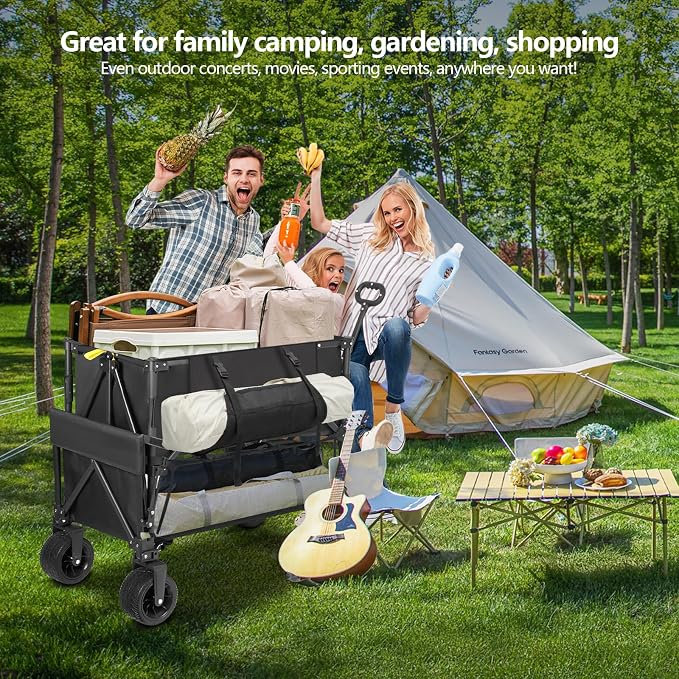 Double Decker Wagon Heavy Duty Collapsible, 600LBS 400L Capacity Foldable Utility Cart with Big Wheels for Beach, Outdoor, Camping & Gardening, Durable Steel Frame