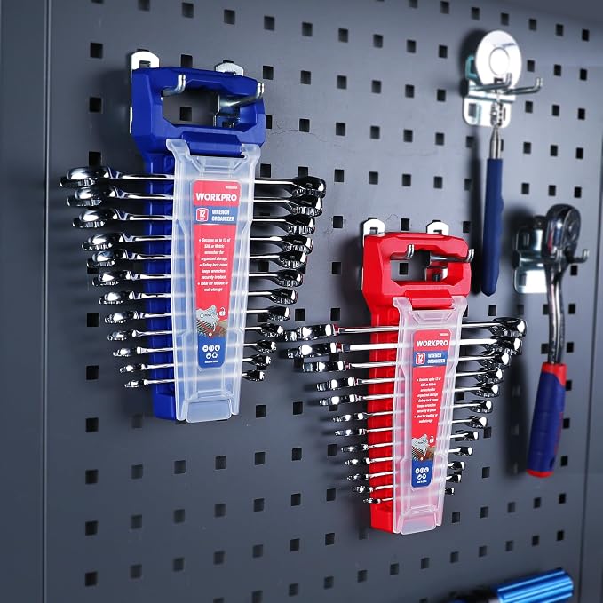 WORKPRO 2-Piece Wrench Organizer, 24-Slot Plastic Wrench Holder Set with Lock Cover, Metric & SAE Compatibility (Up to 19mm or 7/8), Premium Quality Tool Trays with Carrying Handle