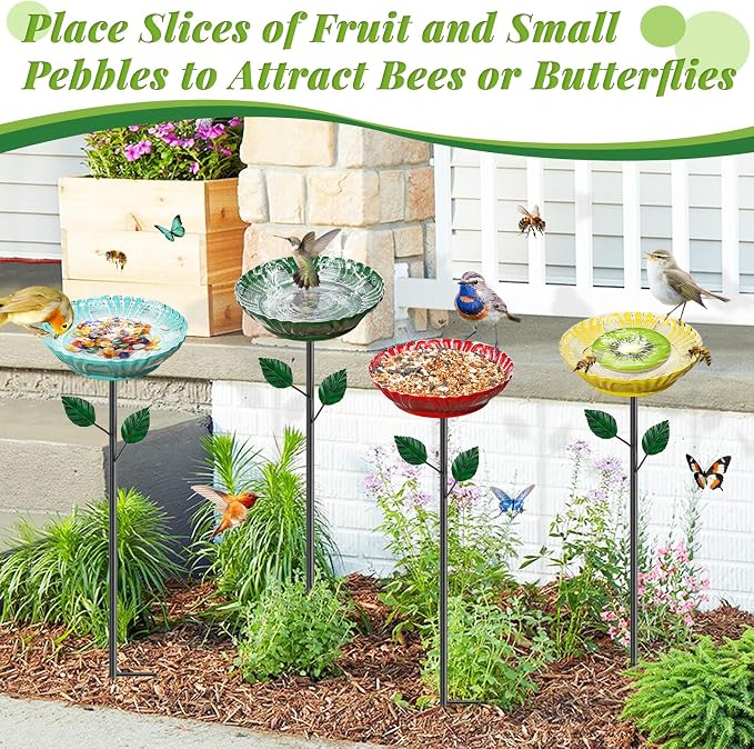 4PCS Flower Bird Baths for Outdoors —5.7" Metal Hummingbird Bath with Adjustable Stake, Colorful Garden Birdbath Decor Set for Outside Yard Lawn Patio(4PCS Herbacin)