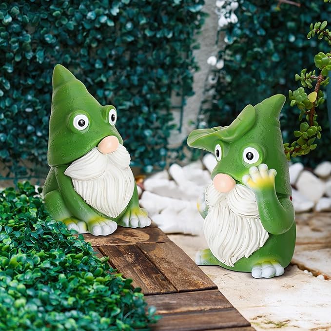 2 Pack Frog Gnome Statue, Outdoor Garden Gnomes Figurine, Spring Summer Theme Green Knome Garden Decoration for Outside Yard Lawn Patio Porch Home Desk Decor