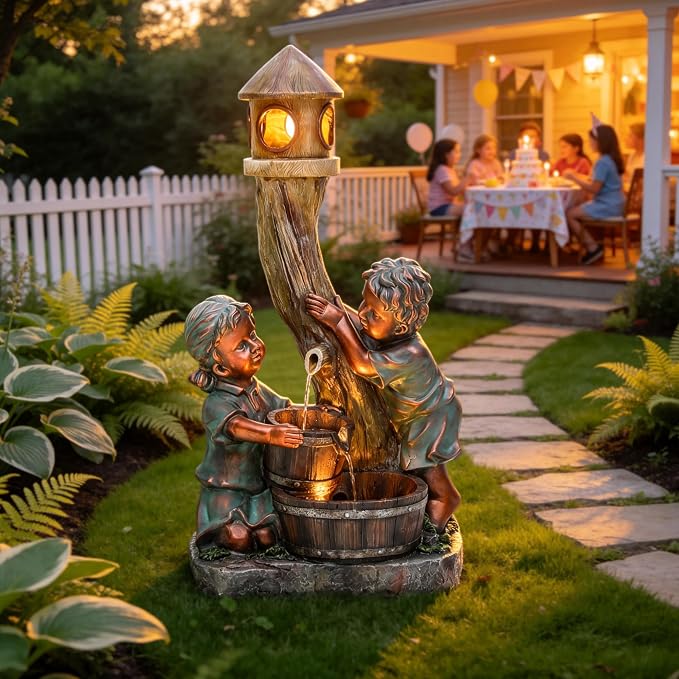 31" H Boy & Girl Outdoor Water Fountain with LED Lights, Faux Bronze Resin Statue Fountain, Wood Barrel & Pagoda Design, 3-Tier Cascading Waterfall for Serene Patio, Yard and Porch