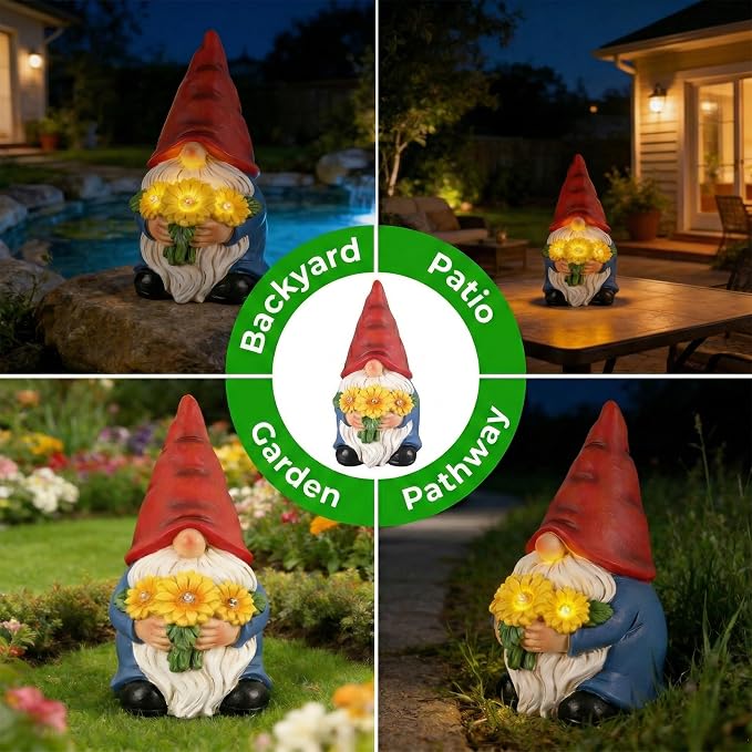 Garden Gnomes Outdoor Solar Garden Decor Garden Statues with Sunflower Lights Yard Decorations Outdoor Patio Porch Backyard Decor, Housewarming Birthday Gifts for Women Friends