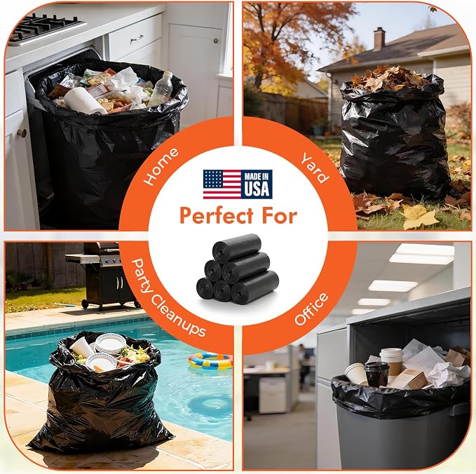 Delxo 40-45 Gallon Trash Bags, 125 Count, 40×48'' Large Black Garbage Bags – Light-to-Medium Duty Star-Seal Can Liners for Home, Kitchen, Yard & Office – Bulk Value Pack, Made in USA