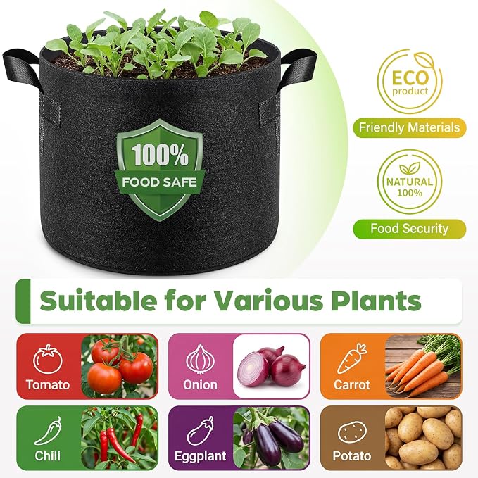 Songrey 10-Pack 5 Gallon Grow Bags, Thickened Nonwoven Fabric Pots with Handles, Heavy Duty Garden Planter for Tomato, Vegetables and Flower