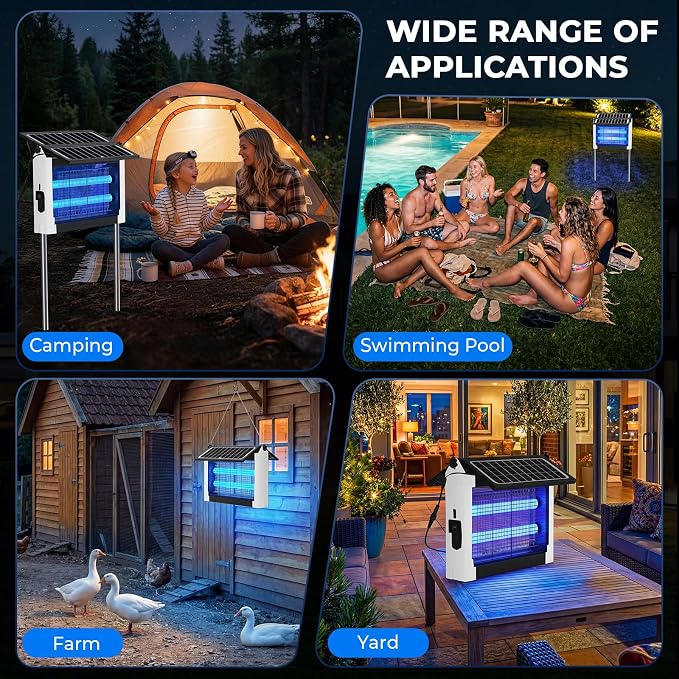 Upgraded Solar Bug Zapper Outdoor with Dual Panels, 4500V Cordless Rechargeable Fly Insect Killer Waterproof Electric Mosquitoes Zapper for Patio Garden Backyard RV Camping Pond