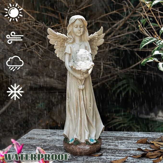 Angel Statue for Garden - 16.3 inches Guardian Solar Garden Statues with Solar Lights, Angel Figurines Gardening Gifts for Mother Grandma Lawn Outdoor Ornaments Figurines for Outdoor Decor