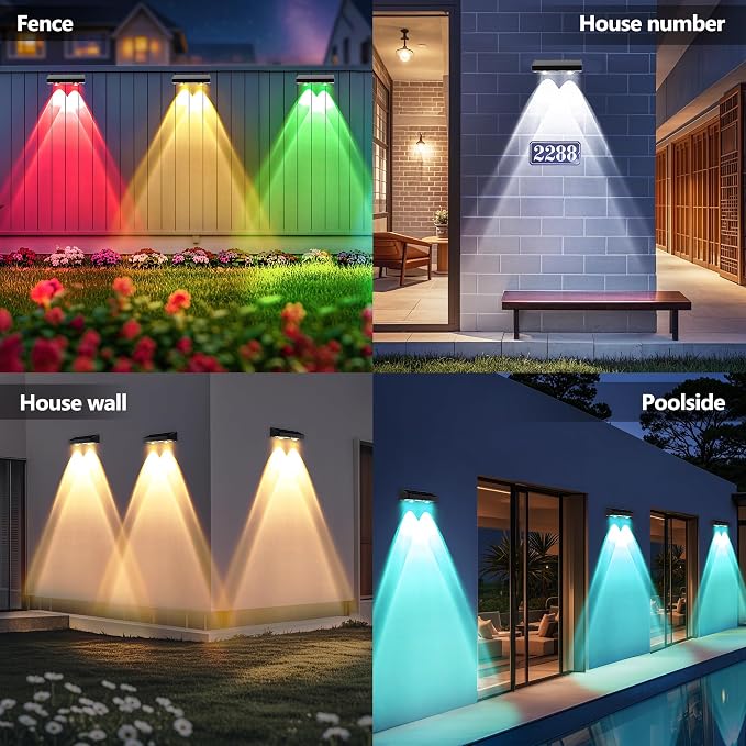 BrizLabs Fence Solar Lights Outdoor, 8 Pack 9 Colors & 11 Modes Color Changing Deck Lights, 250lm Red White & Blue Fence Deck Light IP65 Waterproof Solar Wall Light for Outside Backyard Stair Railing