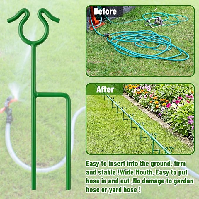 14 inch Garden Hose Guide Spike, Metal Hose Guides for Garden Heavy Duty Rustproof Coated Stake Keeps Water Hose Out of Flower Beds for Outside Lawn & Yard Plant Protection (Green - 6 Pack)