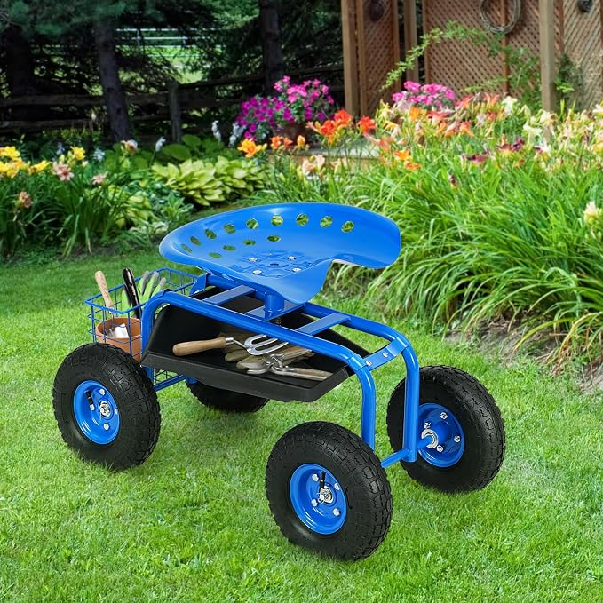 S AFSTAR Rolling Garden Seat, Outdoor Lawn Yard Patio Work Swivel Seat with Heavy Duty Wheels, Tool Tray & Basket, Garden Cart Wagon Scooter (Blue)