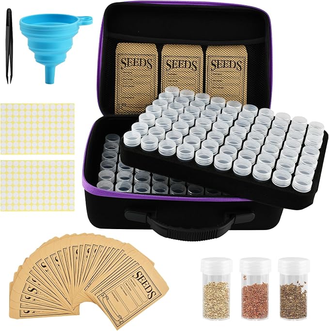 Seed Storage Organizer Box with 140 Slots and Plastic Bottles, Portable Garden Seed Vault Kit with Envelopes,Labels,Funnel,Tweezers, Lightproof EVA Storage Case for Home Gardening