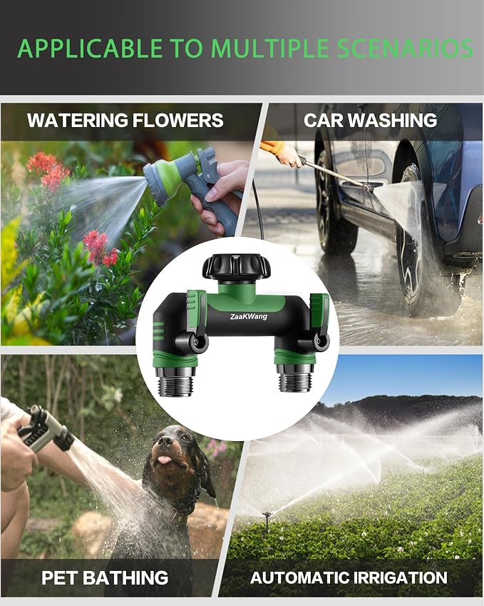 Garden Hose Splitter 2 Way, Heavy Duty Water Hose Spigot Bib Splitter, Outdoor Faucet Splitter with Shutoff Valve, T Adapter Connector with 3/4 - Inch GHT Thread (Green)