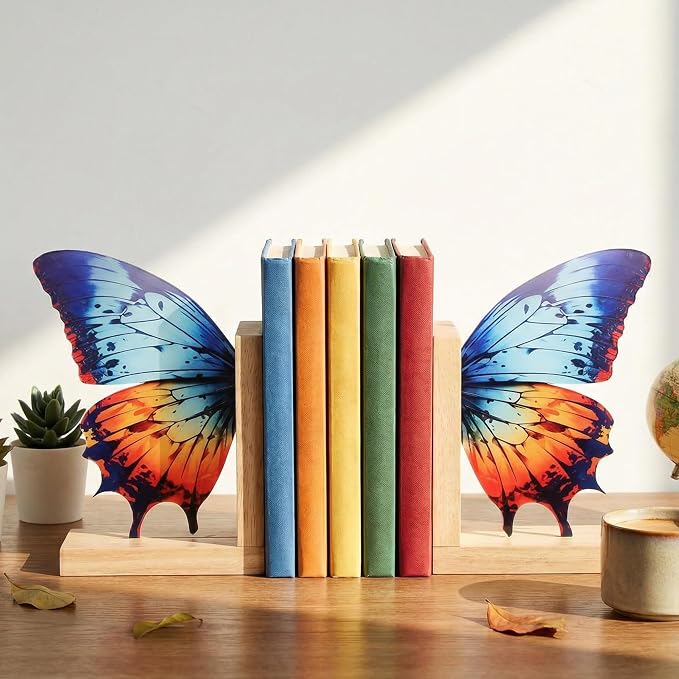 Decorative Butterfly Bookends Wooden Acrylic Butterflys Bookend Modern Bookshelf Decor Accent Book Stopper Decor for Home Farmhouse Shelves Office Lover Gift(Aglais Butterfly)