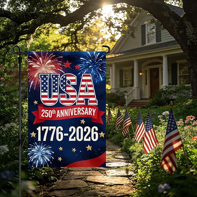 250 Anniversary USA Garden Flag, Double Sided Waterproof Patriotic USA Flag 1776-2026, Outdoor Yard Decor (12x18'')