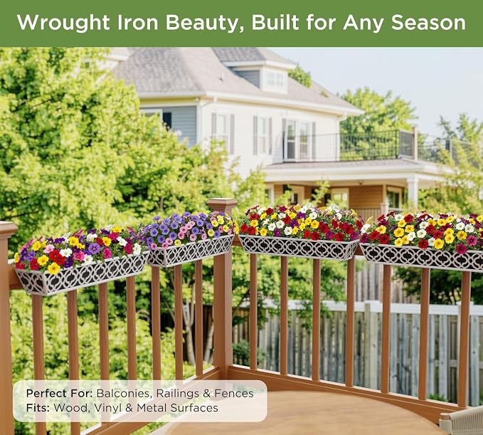 4 Pack 30 Inch Railing Planter Boxes with Adjustable Brackets & Non-Woven Liner, Deck Window Hanging Flower Box for Balcony, Fence, Patio, Outdoor Garden, Gray