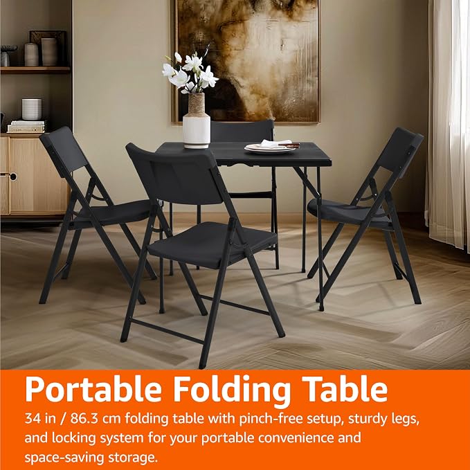Amazon Basics 34 inch Portable Sturdy Folding Dining Table with Carrying Handle, Space Saving Storage, Square, 33.9 x 29.1 x 33.9 inch, Black | Folding