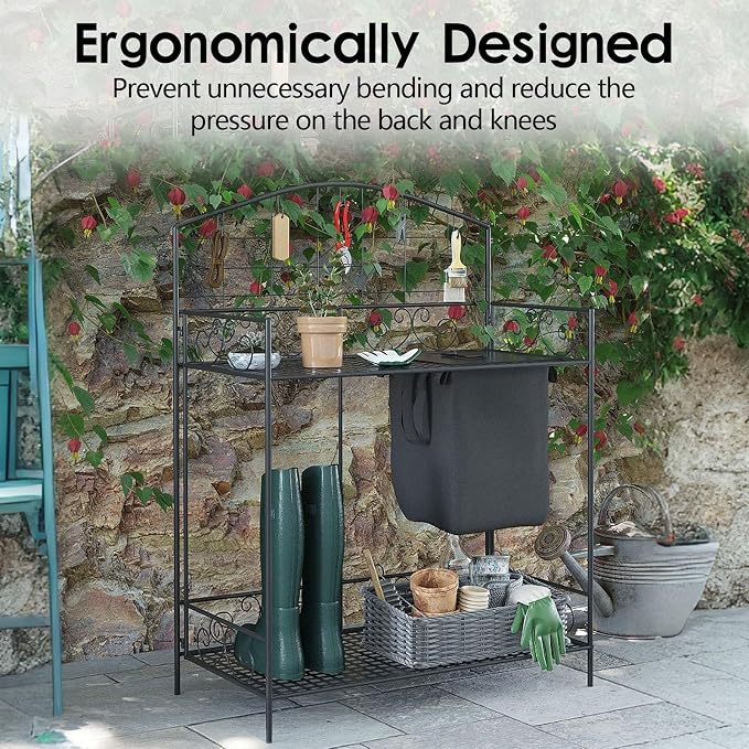 Outdoor Potting Bench Table with 2 Removable Wheels, Garden Potting Bench with Storage & Shelves Hooks, 36.25" L x 17.75" W x 46.75" H