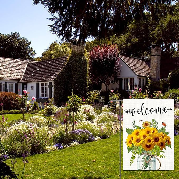 Summer Garden Flag Yellow Sunflower Mason Jar Double Sided 12x18 Inches Bee Welcome Small Yard Flag Burlap Welcome Yard Decoration for Outside Porch