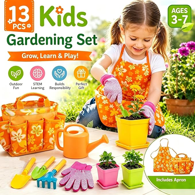 Kids Gardening Set for Girls Boys Ages 3-7,13PCS Garden Tool Kit with Apron,Tote Bag,Outdoor STEM Learning Toy,Garden Gifts for Kids