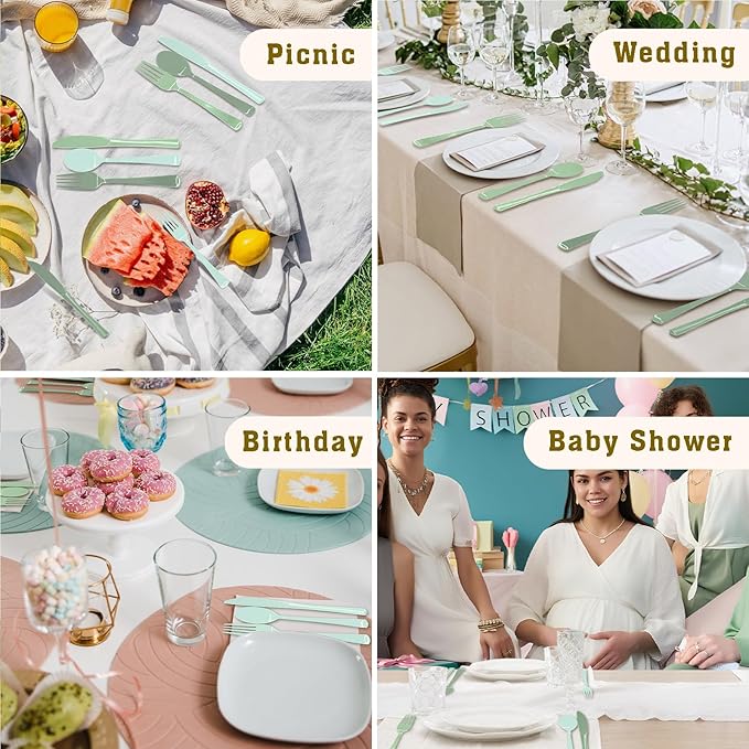 60 Pcs Sage Green Plastic Forks Heavy Duty Sage Green Plastic Silverware Disposable Utensils Sets for Brithday, Wedding, Baby Shower, Bridal Shower