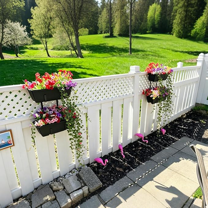 Railing Planter Box 2 Tier Window Boxes Planters Set of 2 with 4 Pack Flower Boxes 16.9 Inch Deck Railing Planter with Adjustable Brackets Black Balcony Fence Hanging Planters for Outdoor Porch Patio